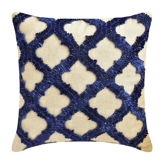 Decorative Pillow Cover, Decorative Blue 18"x18" (45x45 cm) Throw Pillows, Linen Ribbon Embroidery, Lattice & Trellis Throw Pillows For Sofa, Geometric Pattern Modern - Quilling Blue