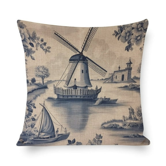 Decorative Pillow Cover Dutch Landmarks Holland Pillows Cute Vintage Dutch Windmill Sailboat Delft Blue Outdoor Pillow Cover for Farmhouse Decor Room Bedroom Sofa Chair Car 18"x18"