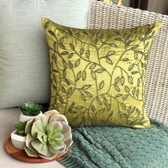 Decorative Pillow Cover, Green Pillow Cover 20x20 inch (50x50 cm), Luxury Green Pillow Covers, Beaded Leaf Tropical Theme Pillows Cover, Floral, Square Silk Pillows Covers - Tropical