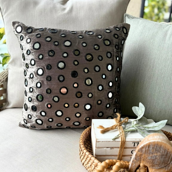 Decorative Pillow Cover, Grey Silver Decorative Throw Pillow Covers 16x16 inch (40x40 cm), Velvet Throw Pillows Couch, Circles & Dots, Polka Dots, Mirror Embroidery - Mirror Shimmer