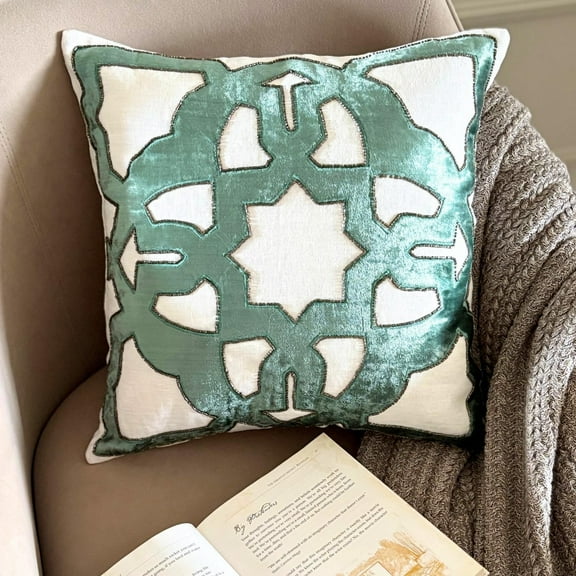 Decorative Pillow Cover, Teal Blue 16"x16" (40x40 cm) Throw Pillow Covers, Velvet & Linen Greek Applique Throw Pillows For Couch, Abstract Pattern Modern Style - Rhea