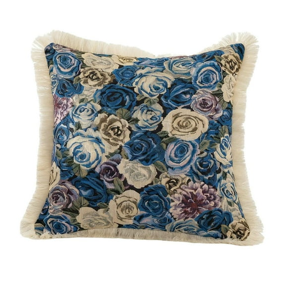 Decorative Pillow Cover With Floral Pattern And Fringe Detail In Cotton Linen Blend For Sofa Or Bed