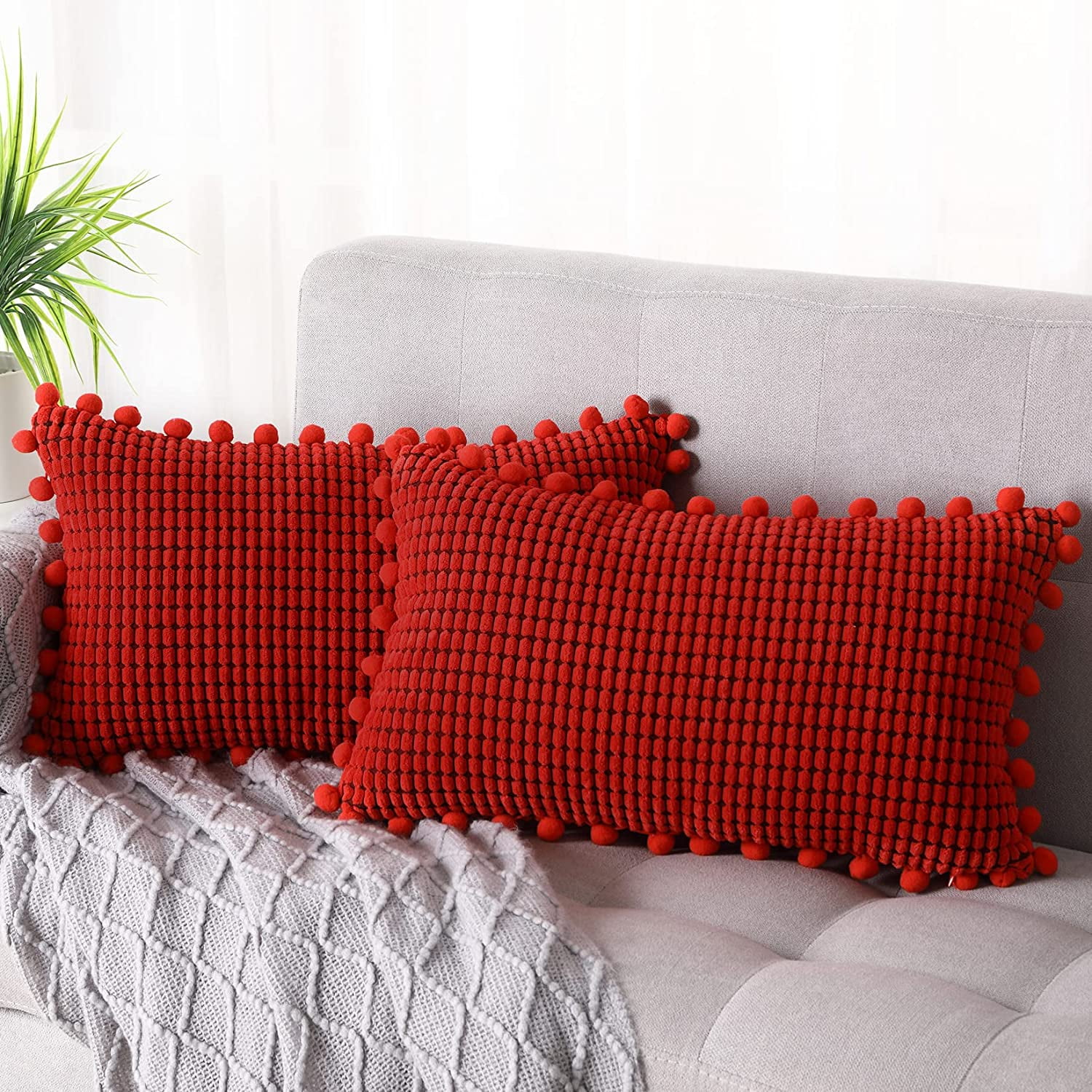 Decorative Pillow Covers 12x20 Inch Set of 2, Body Pillow Cover, Farmhouse  Decorative Throw Pillow Covers, Lumbar Cushion Case Pillow Covers with Pom  Poms Super Soft, Red 