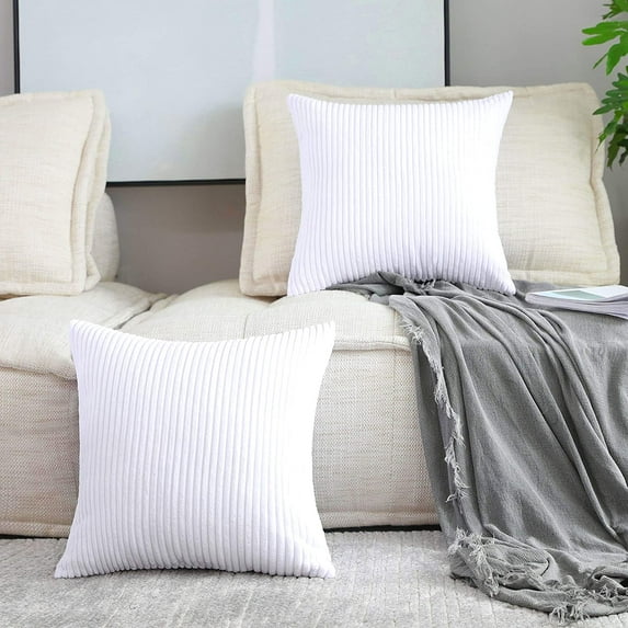 Decorative Pillow Covers 18x18 Supersoft Striped Velvet Throw Pillow Covers Set of 2 Cushion Cover for Chair, 18 x 18 inch, Pure White