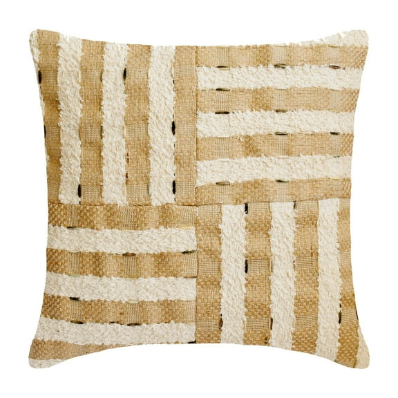 Decorative Pillow Covers, Decorative Beige 16"x16" (40x40 cm) Throw Pillow Covers, Jute Boucle Embroidery & Moroccan Throw Pillows For Sofa, Striped Pattern Contemporary - Jute Matrix