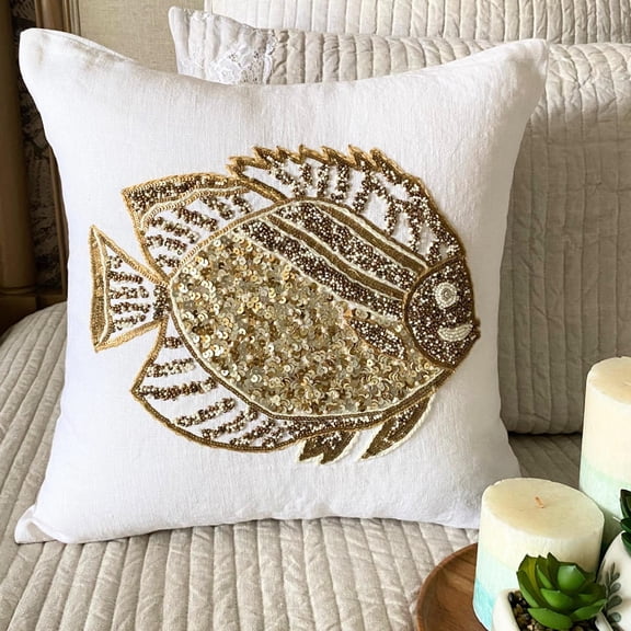 Decorative Pillow Covers, Decorative Ivory 20"x20" (50x50 cm) Throw Pillows For Couch, Linen Fish Sequins Cushion Cover, Sea Creatures Pattern Beach Style Style - Glamour Fish