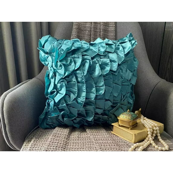 Decorative Pillow Covers, Decorative Teal Blue Pillow Covers 16x16 inch (40x40 cm), Satin Throw Pillows For Couch, Solid Color, Ruffles, Modern Designer Pillow Covers - Vintage Teals