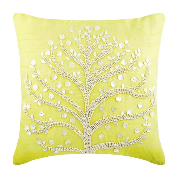 Decorative Pillow Covers, Decorative Yellow Pillow Covers For Couch 16x16 inch (40x40 cm), Silk Pillow Covers With Zipper, Nature & Floral, Leaf, Tree, Mother Of Pearls - Yellow Tree