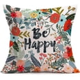 thumbnail image 1 of Decorative Pillow Covers Be Happy Quotes with Colorful Flowers Leaves Cotton Linen Throw Pillow Covers Square Cushion Case for Home Sofa Couch Office 18x18 inch Pillowslip (Be Happy), 1 of 3