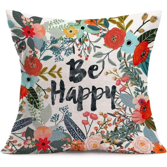 Decorative Pillow Covers Be Happy Quotes with Colorful Flowers Leaves Cotton Linen Throw Pillow Covers Square Cushion Case for Home Sofa Couch Office 18x18 inch Pillowslip (Be Happy)