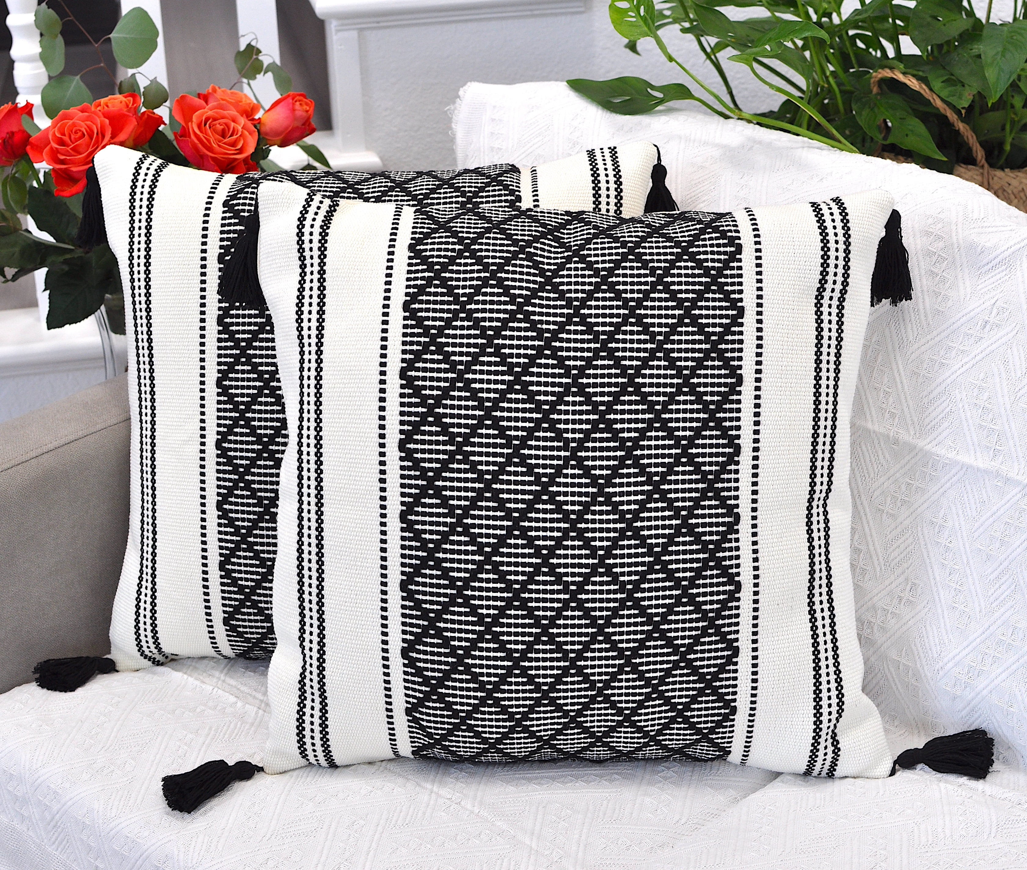 Decorative Pillow Covers with Tassels, 18x18 Inches, Black and Off White (Set of 2) | Boho Pillow Covers With Plaid Checkered Pattern | Farmhouse Woven Pillow Cases| Natural Accent Cushion Covers