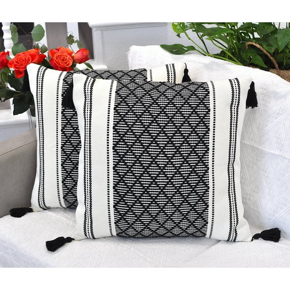 Decorative Pillow Covers with Tassels, 18x18 Inches, Black and Off White (Set of 2) | Boho Pillow Covers With Plaid Checkered Pattern | Farmhouse Woven Pillow Cases| Natural Accent Cushion Covers