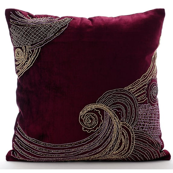 Decorative Pillow Covers With Zippers, Plum Euro Size Pillowcases 26x26 inch (65x65 cm), Velvet European Pillow Covers, Abstract, Traditional Euro Pillowcases - Zardozi Waves