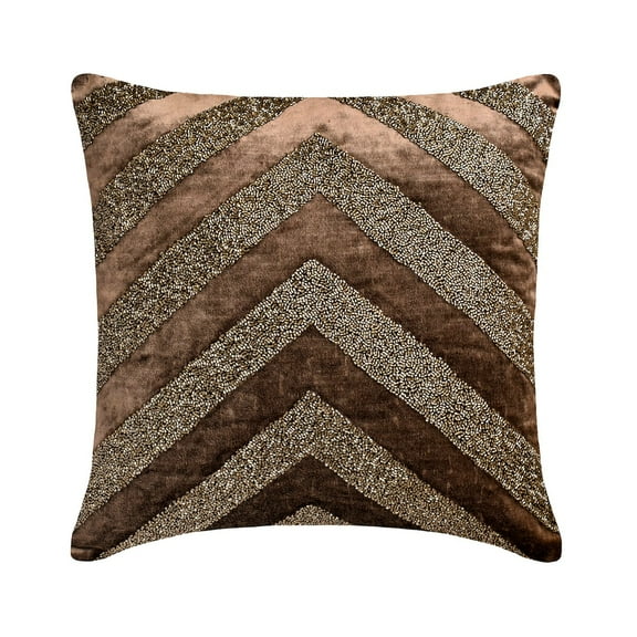 Decorative Pillow Covers With Zippers, Brown 12"x12" (30x30 cm) Pillow Covers, Velvet Beaded Embroidery Throw Pillows For Sofa, Geometric Pattern Modern Style - Brown Summit