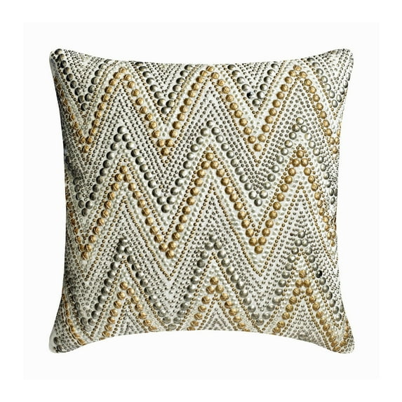 Decorative Pillow Covers With Zippers, Ivory, Gold & Silver 22"x22" (55x55 cm) Pillow Covers, Silk Chevron & Beaded Throw Pillows For Sofa, Geometric Pattern Modern - Chevron Spark