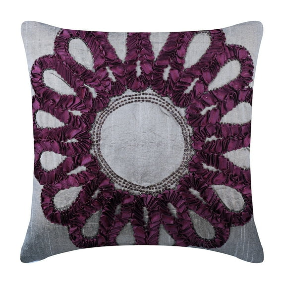 Decorative Pillow Sham, Gray Euro Size Pillowcases 26x26 inch (65x65 cm), Silk Euro Pillowcases, Nature & Floral, Ribbon Embroidery, Medallion, Modern Euro Size - Gray Vine Blooms