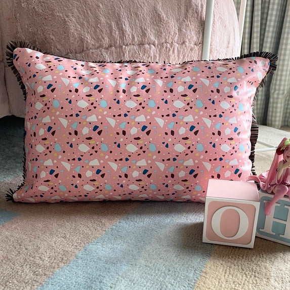 Decorative Pink 12"x20" (30x50 cm) Lumbar Pillow Cover, Faux Leather Printed & Terrazo Oblong Pillow, Abstract Pattern Modern Style - Terrazo Fun Pink