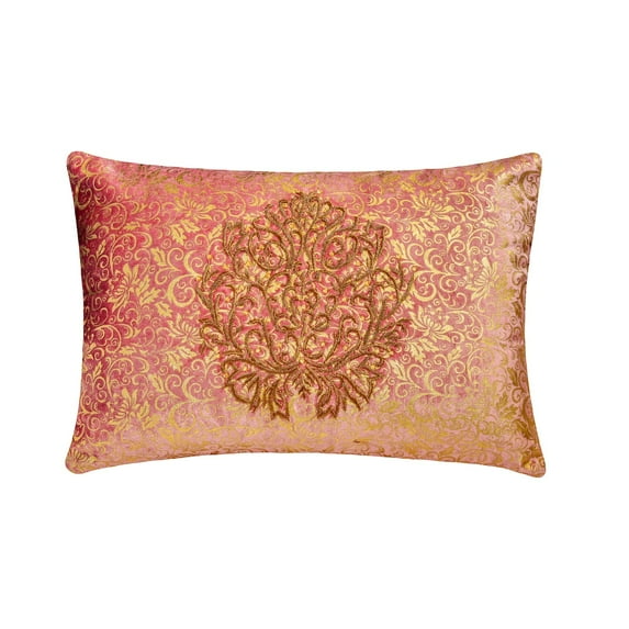 Decorative Pink 12"x24" (30x60 cm) Lumbar Pillow Cover, Velvet Foil, Damask & Zardozi Oblong Pillow, Abstract Pattern Contemporary Style - Mumtaaz