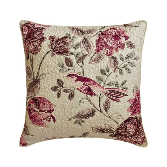 Decorative Pink 16"x16" (40x40 cm) Throw Pillows, Cotton Bird, Printed, Pearl & Quilted Throw Pillows For Couch, Floral Pattern Contemporary Style - Eileen