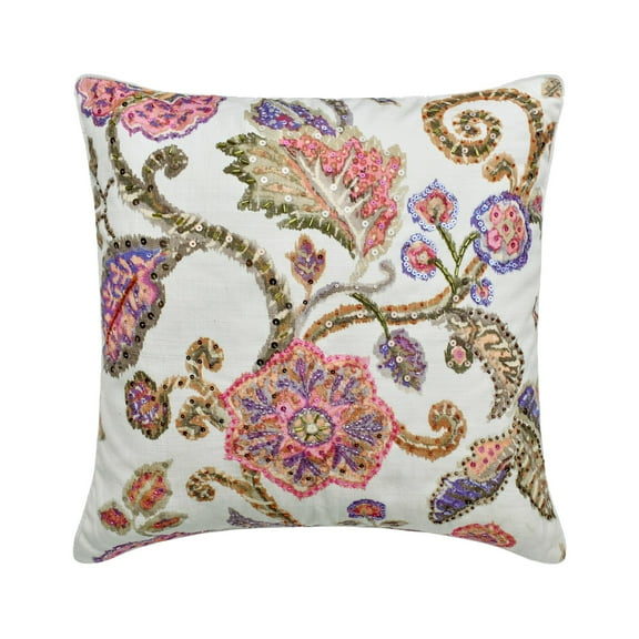 Decorative Pink 20"x20" (50x50 cm) Throw Pillows, Cotton Beaded, Sequins Embroidery Throw Pillows For Couch, Floral Pattern Modern Style - Aster