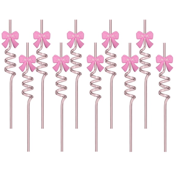 Decorative Pink Bow Spiral Drinking Straw Set 10-Pack, Party Accessory, Reusable Beverage Tube for Home Bar Birthday Celebration Holiday Parties, Sporting Events, and Drink Decoration