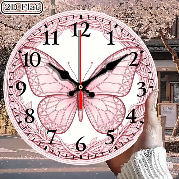 Decorative Pink Butterfly Wall Clock, Floral Wreath Stained Glass Design, 10x10 Inch Round Silent Timepiece for Home Decor, 1pc, Battery Not Included