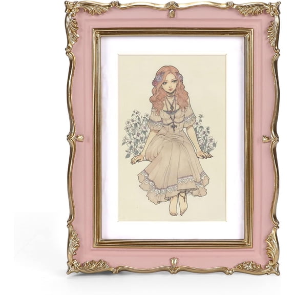 Decorative Pink Photo Frame with Gold Trim and Embossed Corners