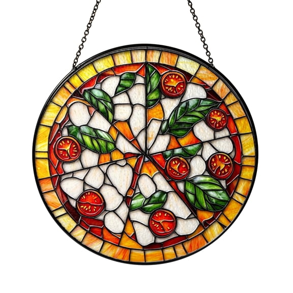 Decorative Pizza Stained Glass Suncatcher Window Hanging, Tomato Basil Pizza Glass Panel Art, Italian Food Kitchen Window Decor, Pizza Slice Sun Catcher Ornament for Dining Room Window