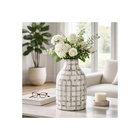 Decorative Plaid Pattern Vase for Living Room Decor - Contemporary Home Decor Accent for Bedroom, Office, or Table Styling - Stylish Flower Vase for House or Shelf Display - 12", Ivory & Gray
