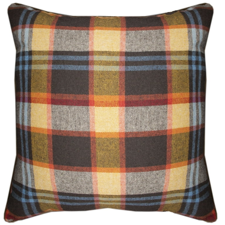 Decorative Plaid Throw Pillow Covers Tartan Cotton with Blue Orange Tan and Red Linen Rustic Farmhouse 24x24 inch