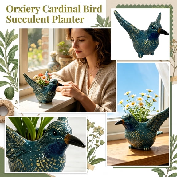 Decorative Planter, Hummingbird Decor, Peacock Blue Gold Accented Ceramic Planter, 6X4X3.5 Inch Small Succulent Pot, with Detailed Raised Feather Accents for Displaying Small