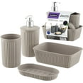 thumbnail image 1 of Decorative Plastic Bathroom Accessories Set, Taupe (Set of 4) Soap Dish, Liquid Dispenser, Toothbrush Holder Cup, Vanity Organizer Tray - Bath Accessory Countertop Decor Gift - Ribbed Design, 1 of 7