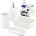 thumbnail image 1 of Decorative Plastic Bathroom Accessories Set, White (Set of 4) Soap Dish, Liquid Dispenser, Toothbrush Holder Cup, Vanity Organizer Tray - Bath Accessory Countertop Decor Gift - Ribbed Design, 1 of 7