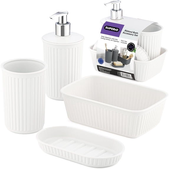 Decorative Plastic Bathroom Accessories Set, White (Set of 4) Soap Dish, Liquid Dispenser, Toothbrush Holder Cup, Vanity Organizer Tray - Bath Accessory Countertop Decor Gift - Ribbed Design