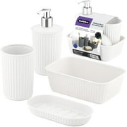 Decorative Plastic Bathroom Accessories Set, White Set of 4 Soap Dish, Liquid Dispenser, Toothbrush Holder Cup, Vanity Organizer Tray - Bath Accessory Countertop Decor Gift - Ribbed Design