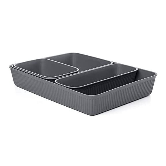 Decorative Plastic Desk Drawer Organizer Tray, Grey (Set of 4) Open Home Storage Bins Organizer Baskets, for Organizing Closet Shelves Drawer Shelf - Ribbed Collection