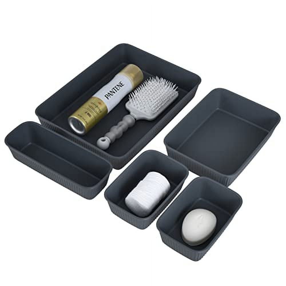 Decorative Plastic Desk Drawer Organizer Tray, Grey (Set of 5) Open