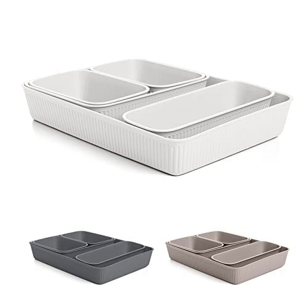 Decorative Plastic Desk Drawer Organizer Tray, White (Set of 5) Open