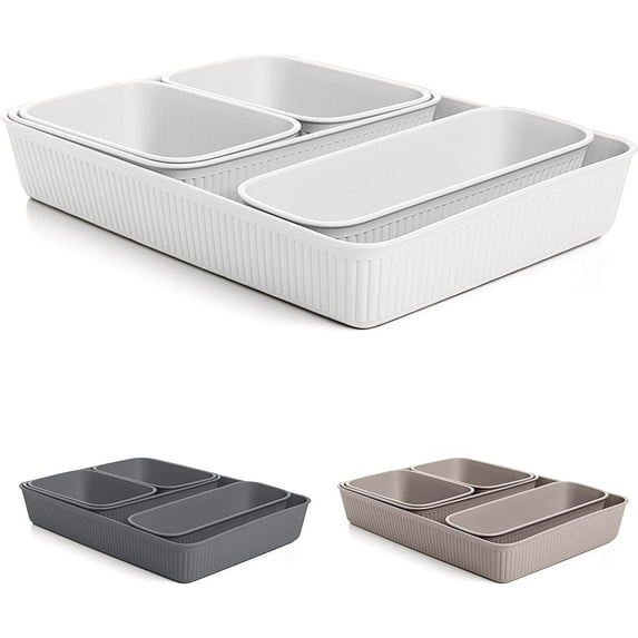 Decorative Plastic Desk Drawer Organizer Tray, White (Set of 5) Open Home Storage Bins Organizer Baskets, for Organizing Closet Shelves Drawer Shelf - Ribbed Collection