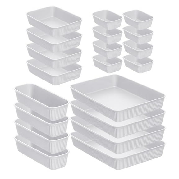 Decorative Plastic Desk Drawer Organizer Tray, White Smoke (Set of 20) Open Home Storage Bins Organizer Baskets, for Organizing Closet Shelves Drawer Shelf - Ribbed Collection