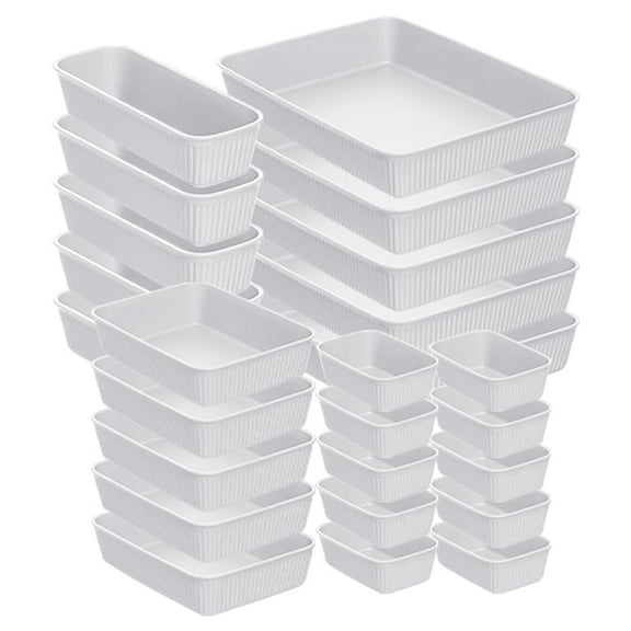 Decorative Plastic Desk Drawer Organizer Tray, White Smoke (Set of 25) Open Home Storage Bins Organizer Baskets, for Organizing Closet Shelves Drawer Shelf - Ribbed Collection