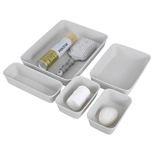 Decorative Plastic Desk Drawer Organizer Tray, White Smoke (Set of 5) Open Home Storage Bins Organizer Baskets, for Organizing Closet Shelves Drawer Shelf - Ribbed Collection