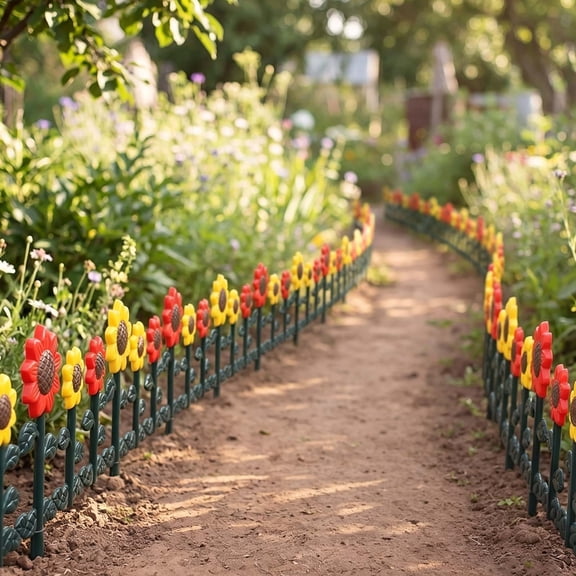 Decorative Plastic Garden Fence with Sunflower Design, Outdoor Lawn Border Edging for Flower Bed, Easy Install Landscape Barrier, UV Resistant and Durable