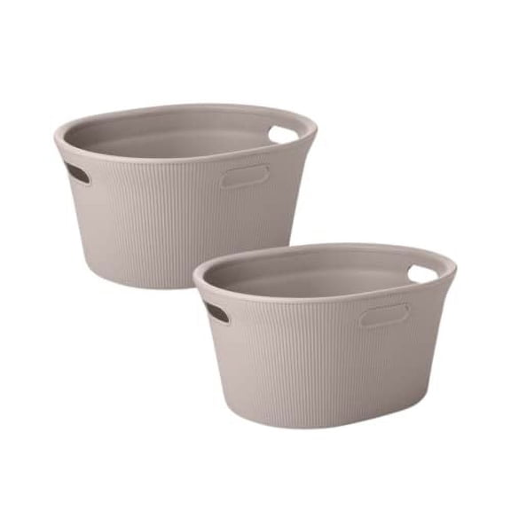 Decorative Plastic Laundry Basket with Cut-Out Handles, Taupe (2 Pack) Hamper Organzier for Bedroom Bathroom College Dorm Room - Ribbed Design 35 Liter