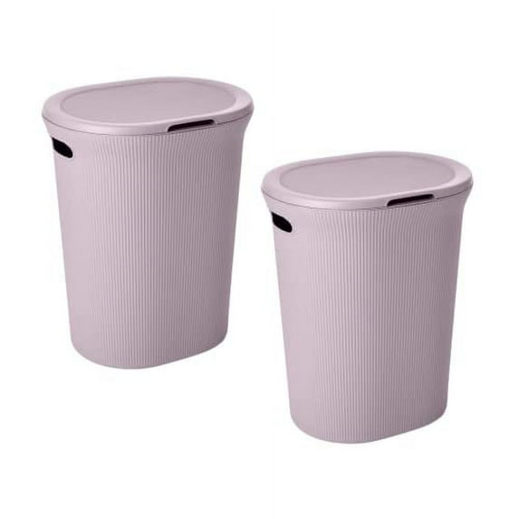 Decorative Plastic Laundry Hamper with Lid and Cut-Out Handles, Lilac Purple (2 Pack) Basket Organzier for Bedroom Bathroom College Dorm Room - Ribbed Design 40 Liter