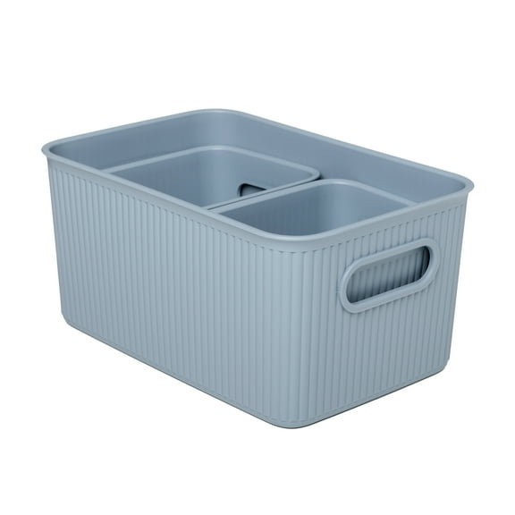 Decorative Plastic Open Home Storage Bins Organizer Baskets, Blue (Set of 3) 1 Medium, 2 Small - Container Boxes for Organizing Closet Shelves Drawer Shelf - Ribbed Collection