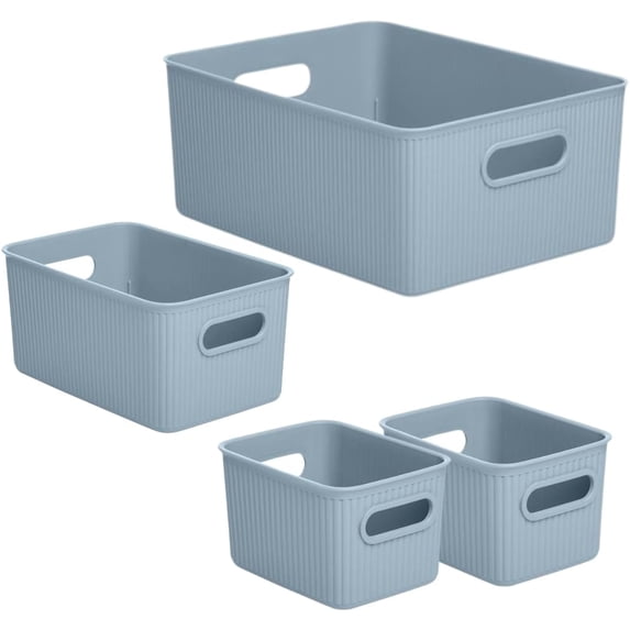 Decorative Plastic Open Home Storage Bins Organizer Baskets, Blue (Set of 4) 1 Large, 1 Medium, 2 Small - Container Boxes for Organizing Closet Shelves Drawer Shelf - Ribbed Collection