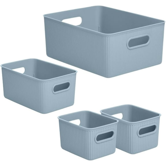 Decorative Plastic Open Home Storage Bins Organizer Baskets, Blue (Set of 4) 1 Large, 1 Medium, 2 Small - Container Boxes for Organizing Closet Shelves Drawer Shelf - Ribbed Collection