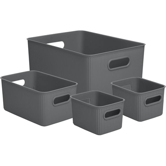 Decorative Plastic Open Home Storage Bins Organizer Baskets, Grey (Set of 4) 1 Large, 1 Medium, 2 Small - Container Boxes for Organizing Closet Shelves Drawer Shelf - Ribbed Collection