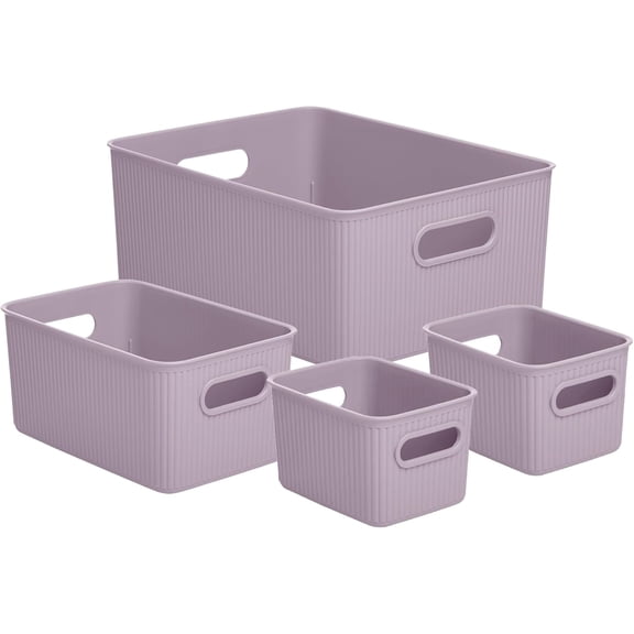 Decorative Plastic Open Home Storage Bins Organizer Baskets, Lilac Purple (Set of 4) 1 Large, 1 Medium, 2 Small - Container Boxes for Organizing Closet Shelves Drawer Shelf - Ribbed Collection